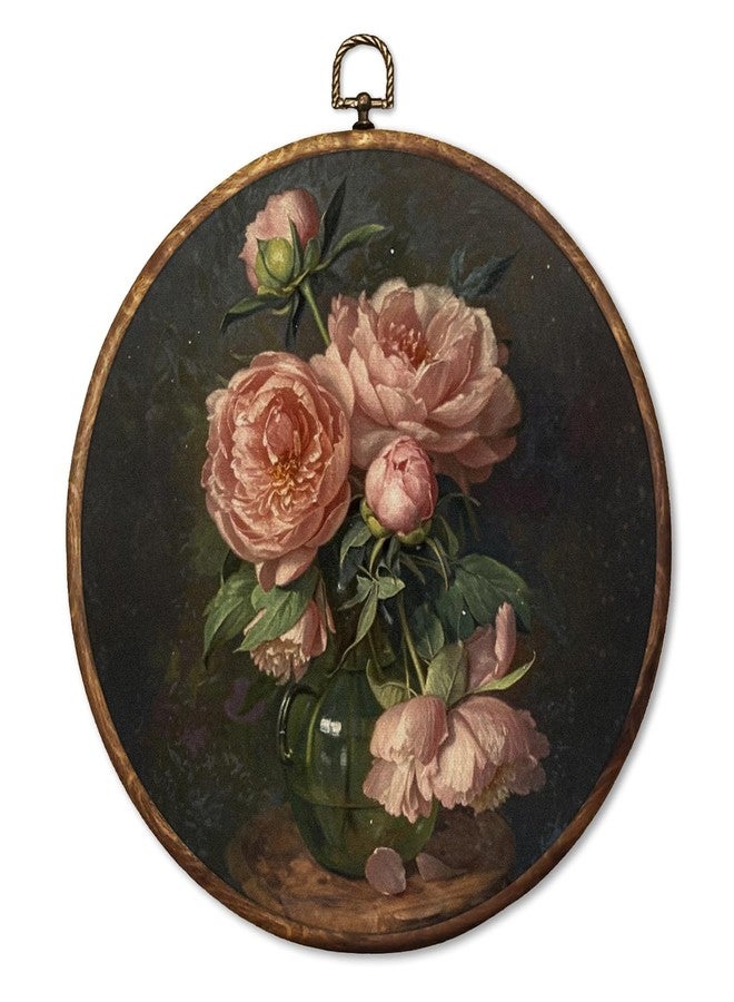 HUGANE Vintage Moody Peony Floral Round Wall Art Decor, Dark Cottagecore Shabby Chic Floral Hanging Canvas Framed Prints Wall Sculptures for Home Bedroom Living Room Decor, 10x10 Inch - Image 1